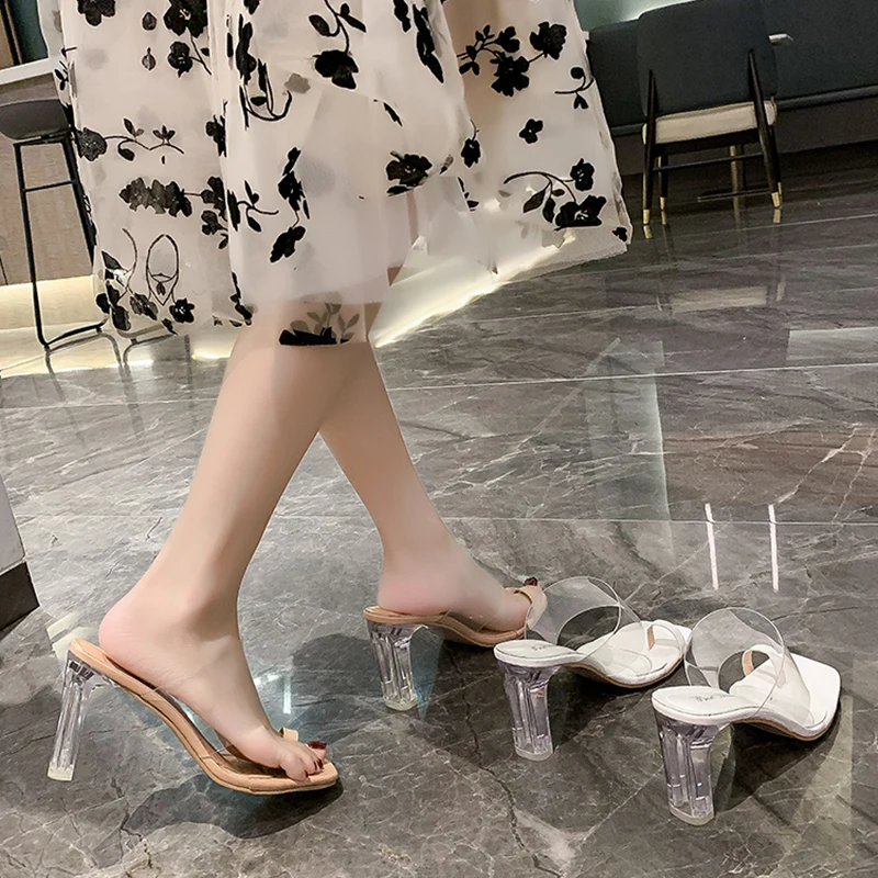 

Square heel Slippers Casual Shoes Woman 2021 Heeled Mules Jelly Slides Pantofle Block Luxury High Transparent New Glitter Rome S