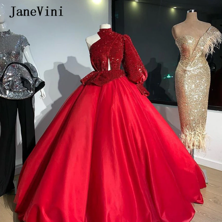 Блестящее Красное Бальное Платье jaevini с блестками платья для Quinceanera на одно плечо