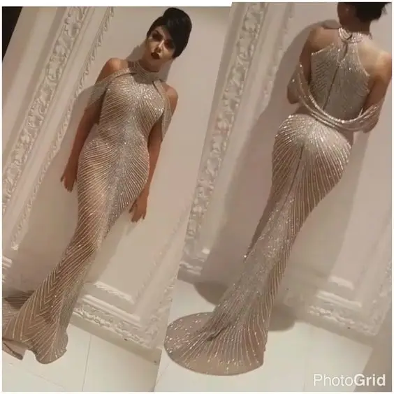 Yousef Aljasmi Front Slit Champagne Evening Dresses Robe Longue Luxury Crystal Sexy Mermaid Prom Dresses High Neck Vestidos De G
