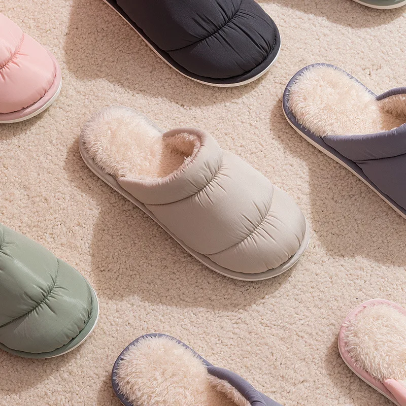 New Cotton Slippers Female Household Autumn And Winter Couples Indoor Clouds Plush Shoes Down Cloth Waterproof Warm Home Men
