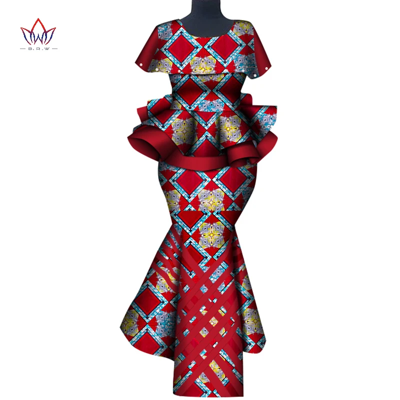 

New BintaRealWax Customize African Dresses for Women Elegent Trench V-neck Top and Mermaid Skirt Plus Size 6XL WY8300