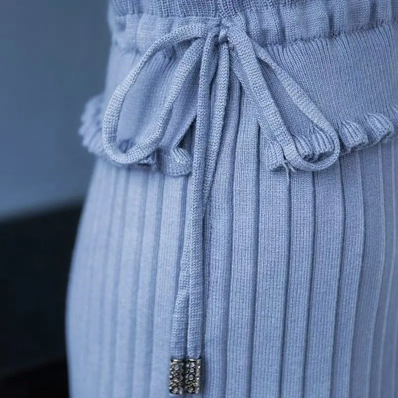 

Fashion ruffle turtleneck fake two-piece dress 2020 new fall winter patchwork knit dress elegant midi drawstring sweater dresses