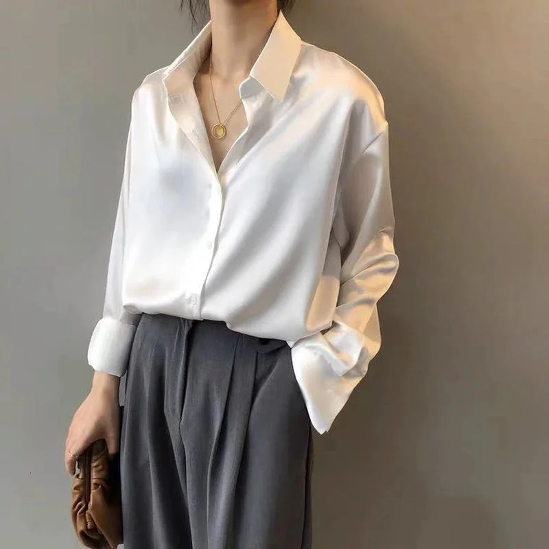 

Spring Summer Silk and Satin Tops Office Lady Fashion Lapel Single Breasted T-shirts Women New Plus Size Casual Long Sleeve Tops