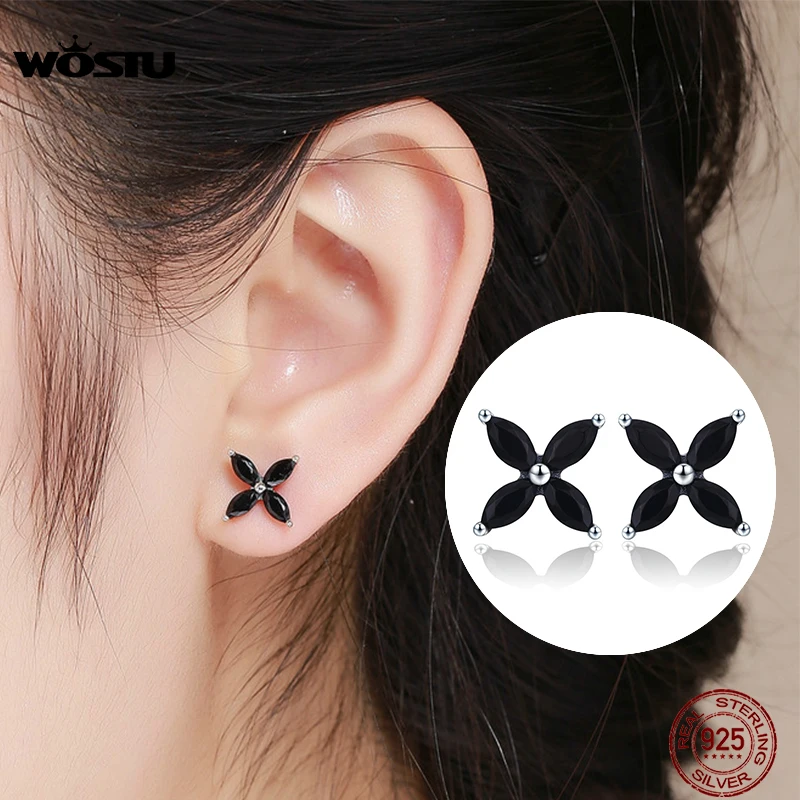 Женские серьги гвоздики WOSTU из 100% настоящего серебра 925 пробы с черным цветком и