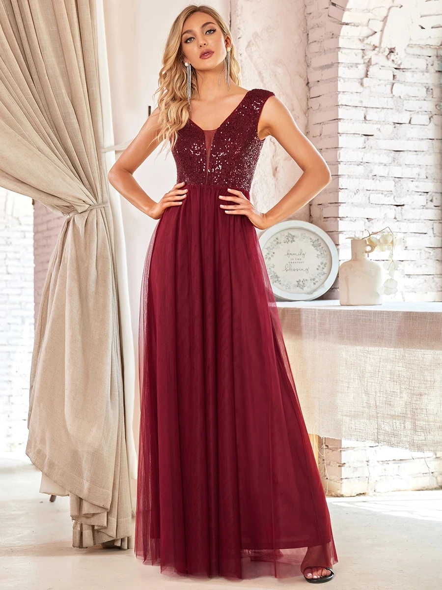 

Женское ТРАПЕЦИЕВИДНОЕ ПЛАТЬЕ С V-образным вырезом и блестками, платья до пола для выпускного вечера EP00983