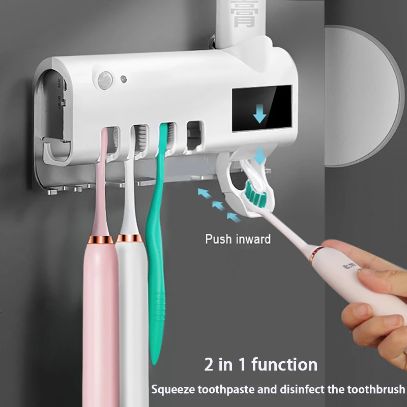 Esterilizador de cepillo de dientes USB, soporte para cepillo de dientes, esterilizador de doble capa, dispensador autom&aacute;tico de pasta de dientes, herramientas de ba&ntilde;o montadas en la pared-1