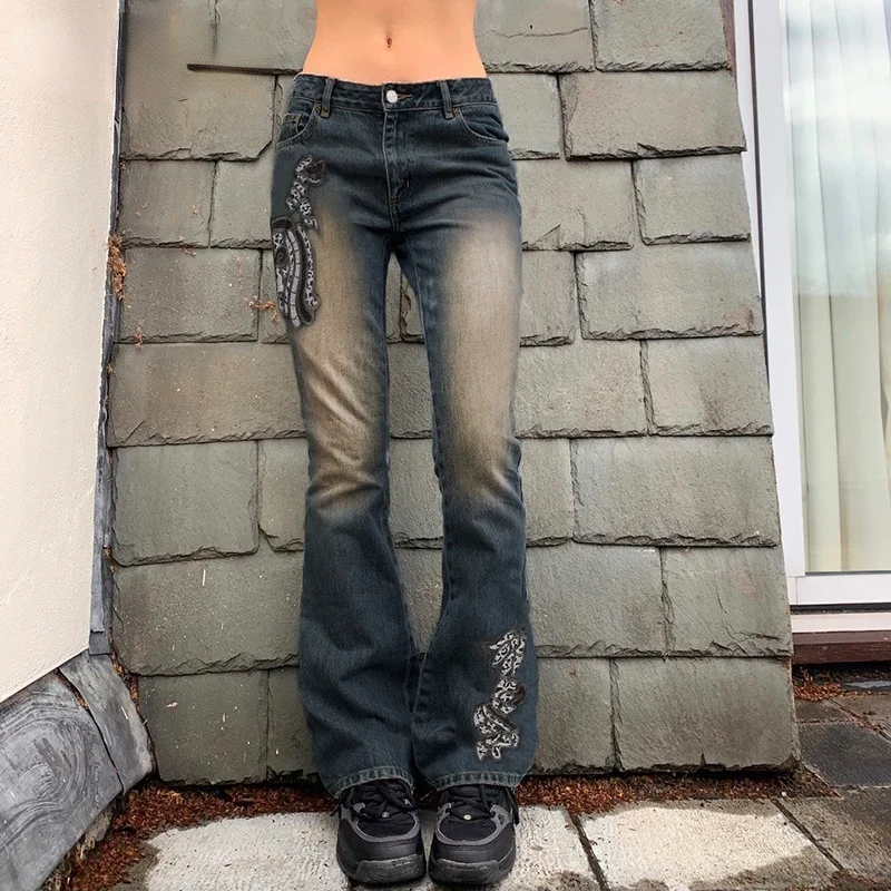 

Y2K Low Rise Jeans Women's Retro Embroidered Slim Jeans with Rhinestones Fashion Thin Denim Flared Pants