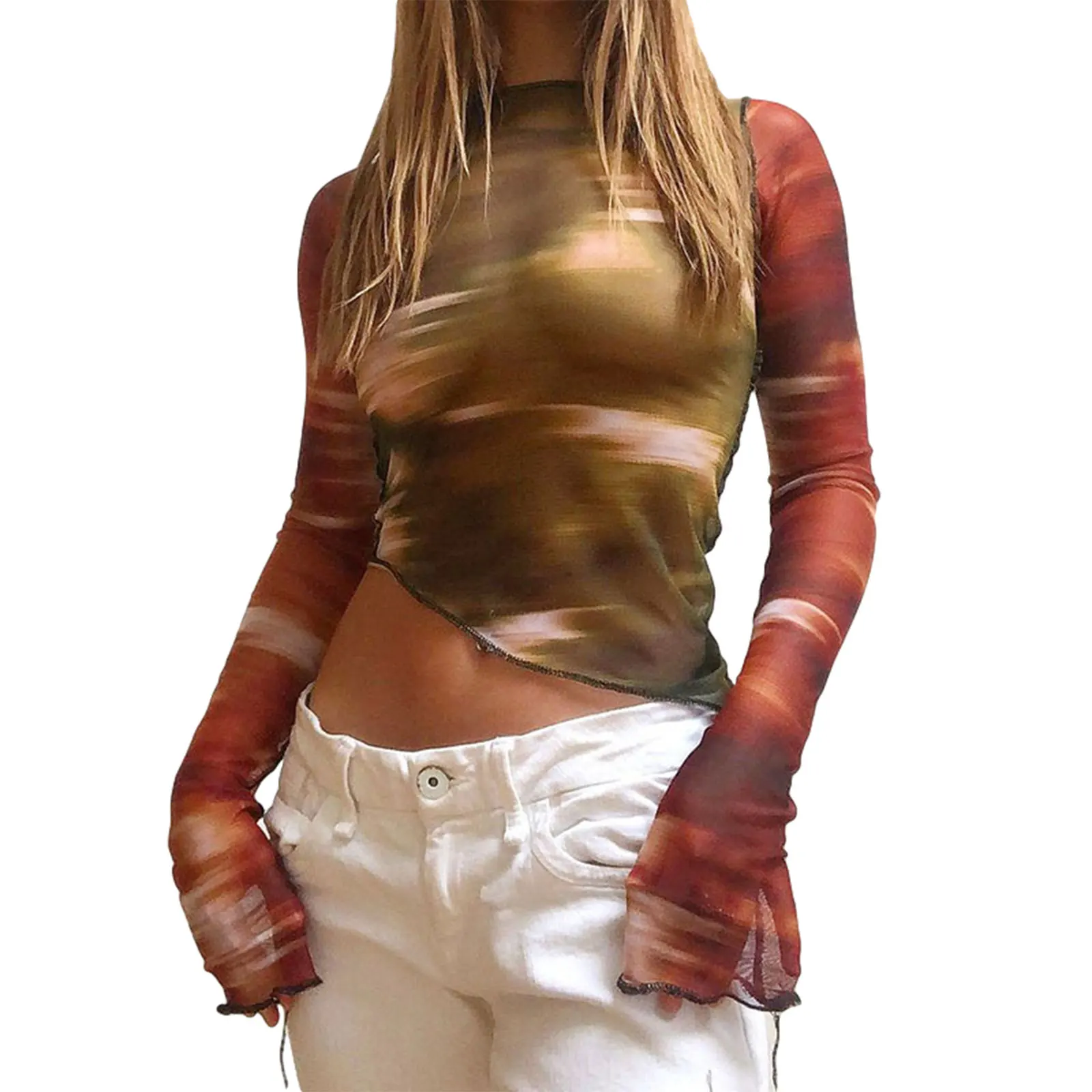 

Топы с абстрактным принтом для женщин, облегающие футболки с длинным рукавом и асимметричным подолом, новая мода 2021