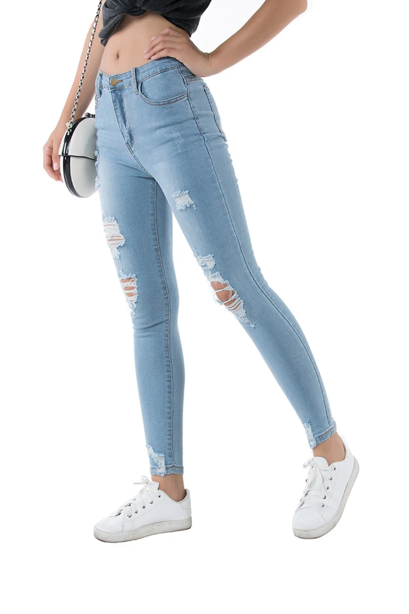 Узкие повседневные женские джинсы с дырками на коленях низкой талией брюки из