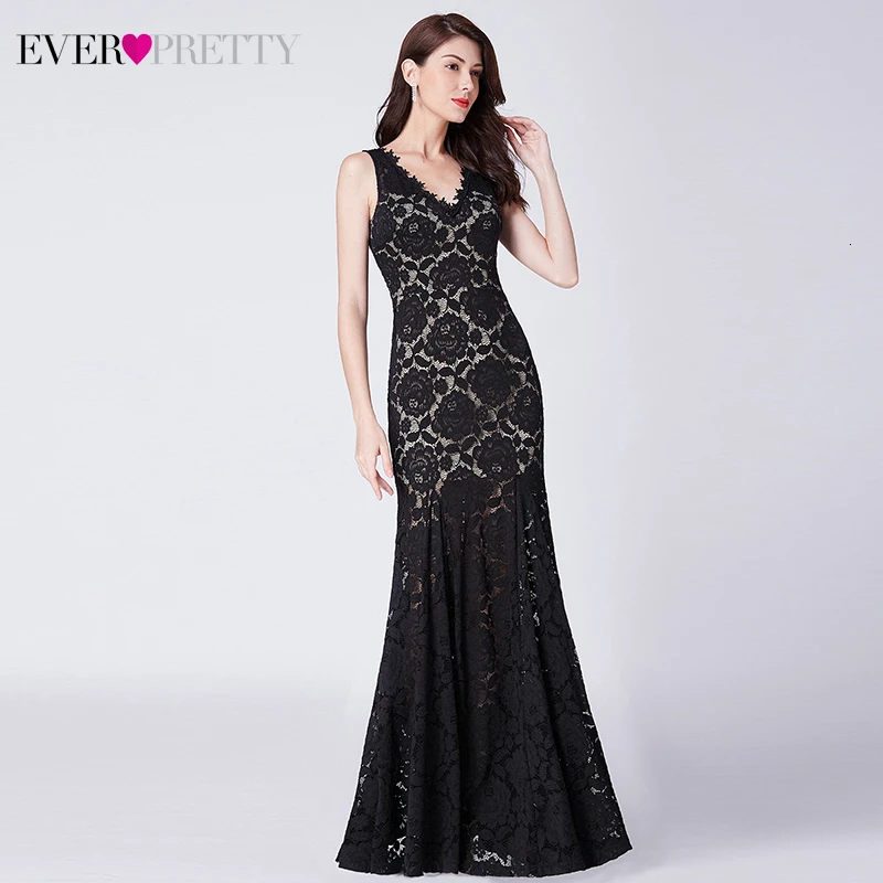 Сексуальные черные кружевные вечерние платья Ever Pretty EP07389BK Ruched с двойным v-образным вырезом без рукавов прозрачные вечерние платья русалки