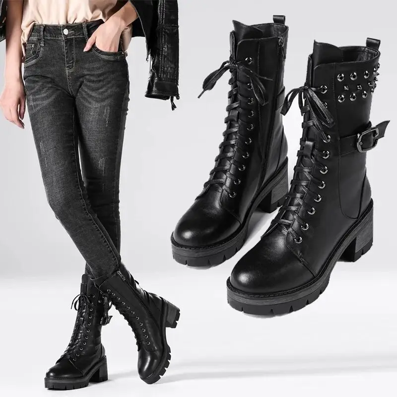 Autumn and Winter New Leather Women's Shoes Women's Boots Military Uniform Women's Roman Riding Cowboy Semi-platform Zipper Boot
