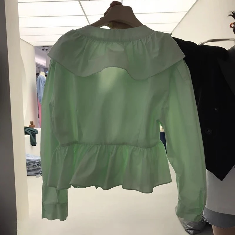 

New Korean Fashion Ruffles Slim Buttoned Shirts Women Blouse Spring Slim Waist Womens Tops V-neck Long Sleeve Blusas Mujer