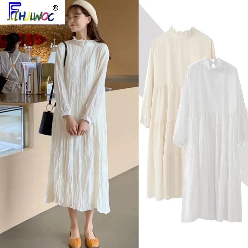 Женское длинное платье с высоким воротником повседневное свободное белое