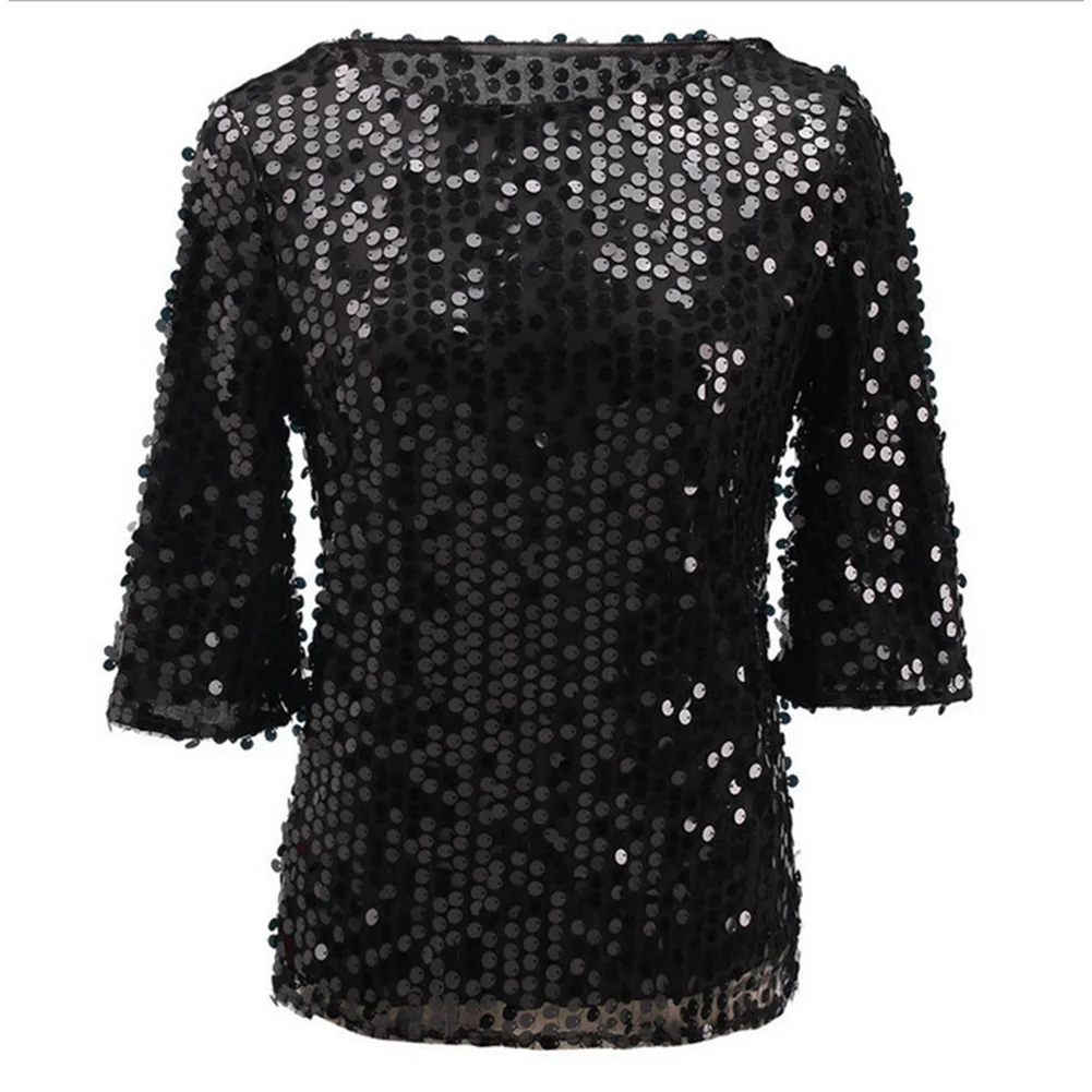 Женская однотонная блузка с коротким рукавом и круглым вырезом блестками |