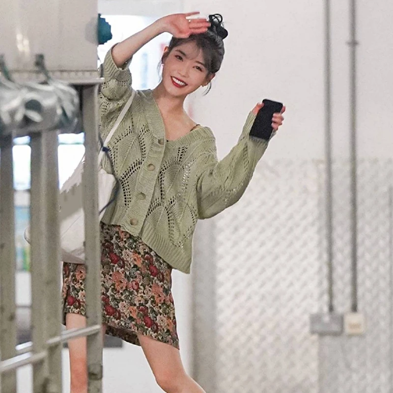 Kpop IU Lee Ji Eun Летний милый зеленый кардиган с вырезами вязаный свитер пальто +