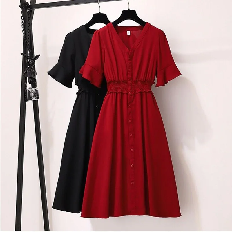 

Размера плюс женская летняя обувь Тонкий элегантное платье красного и черного цвета с v-образным вырезом с буфами на рукавах модные эластич...