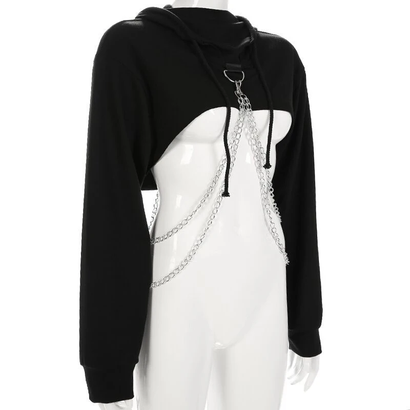 Women Autumn Hip Hop Long Sleeve Cute Solid Color Off-shoulder Casual Loose Hooded Short Sweat shirt With Metal Chain