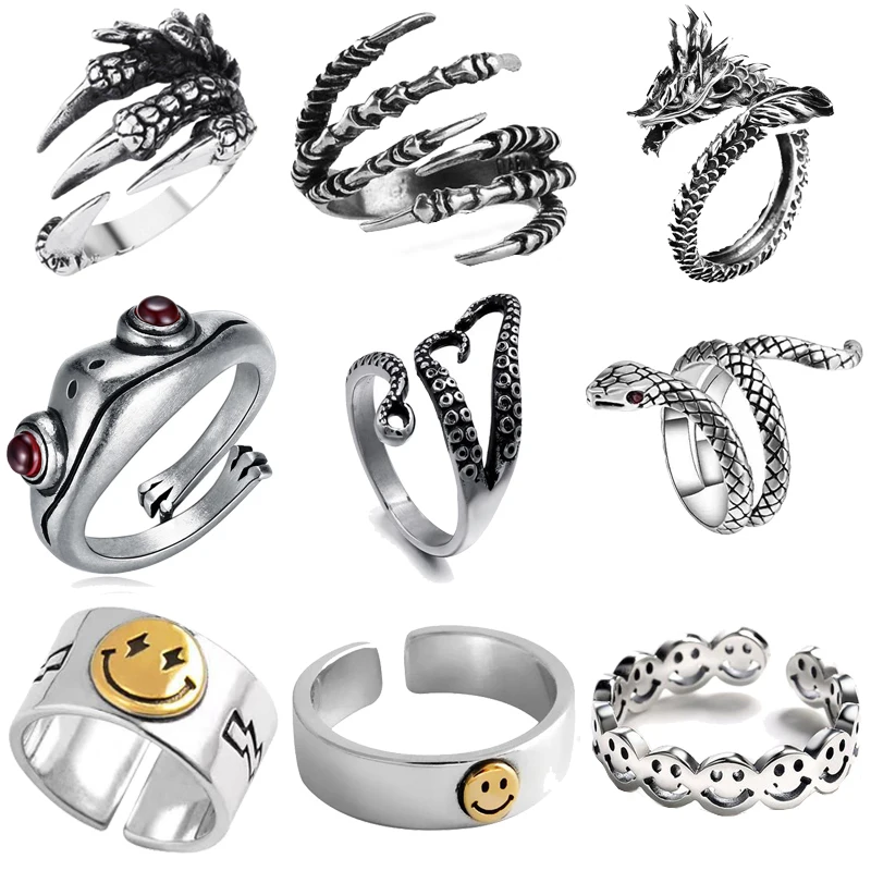 Vintage Ring Men Women Snake Frog Happy Smile Rings For Woman Open Adjustable Punk Gothic Claw Dragon Octopus Man Ring Unisex