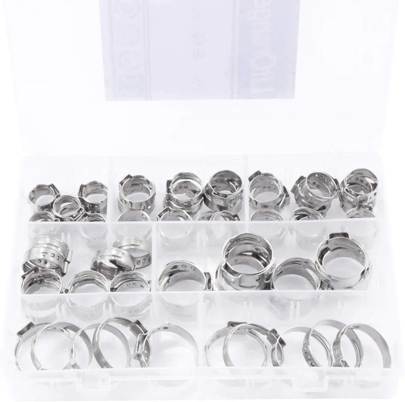 70Pcs 304 Stainless Steel Single Ear Stepless Hose Clamps Clamp Assortment Kit Crimp Pinch Rings for Securing Pipe Hoses | Обустройство