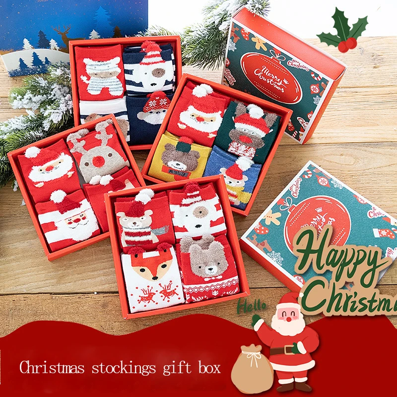 

Autumn Winter Women Middle Tube Red Cotton Socks Cartoo Santa Claus Elk Christmas Stockings Gift Box Set Sweat Absorption MR252