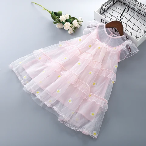 От 3 до 7 лет летнее платье для девочек, новинка 2021, кружевное шифоновое однотонное платье с драпировкой и рюшами, детская одежда, платья принцессы для девочек
