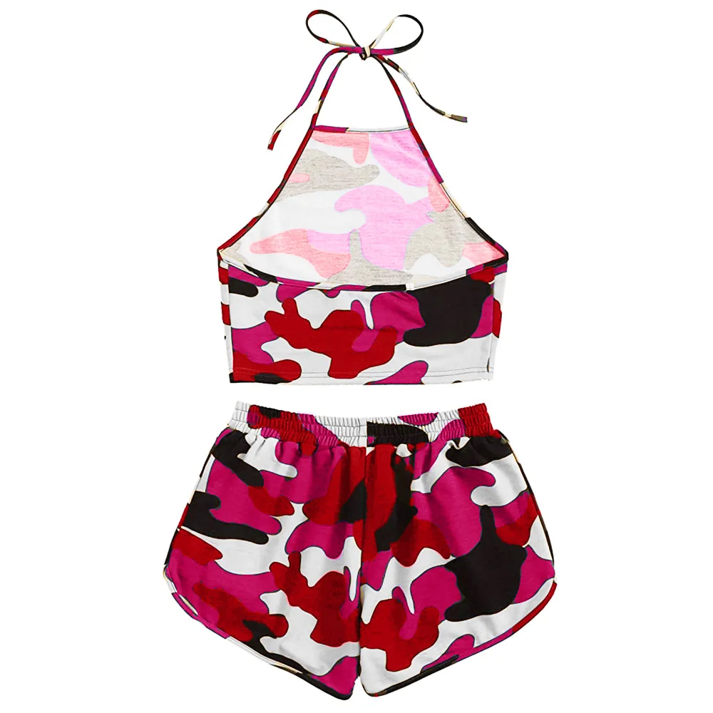 

JVCAKE two piece set tie dye Camouflage women crop top and shorts set 2 piece clothing Halter top and sports shorts suit
