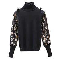 Xisteps Embroidery Floral Beading Turtleneck Knitted Women Sweater Pullover Ladies Sequin Lantern Sleeve Female Winter Jumper