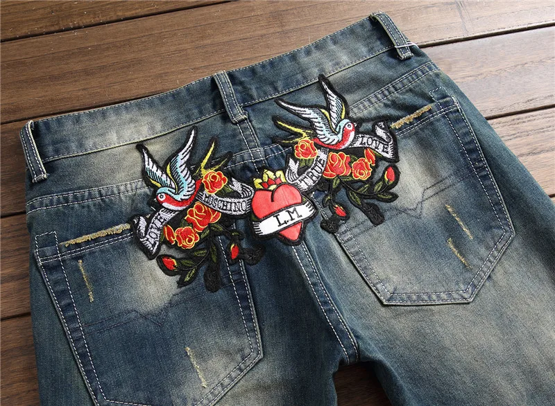 

Design jeans men's autumn and winter new straight fit jeans Embroidery Rose tide pants