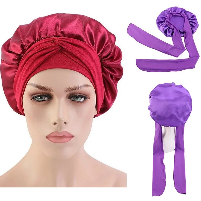 

Women Solid Satin Bonnet with Wide Stretch Ties Long Hair Care Night Sleep Hat Adjust Hair Styling Cap Silk Head Wrap Shower Cap