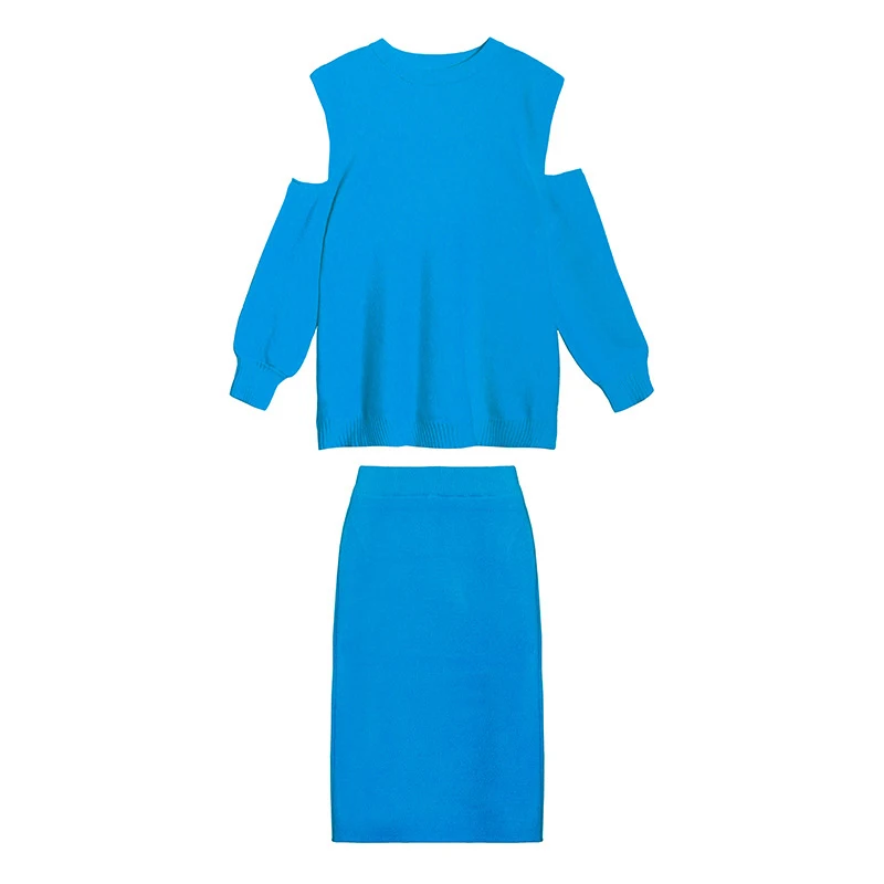

CHICEVER Casual Two Piece Set For Women O Neck Long Sleeve Hollow Out Knitted Top High Waist Mid Skirt Oversize Sets Female 2021