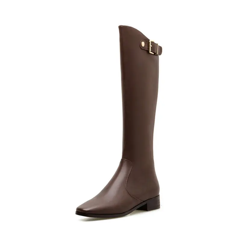

2021 Classic Women Knee High Boots low square Heels Long ladies Boots Quality genuine leather buckle Boots Shoes Woman