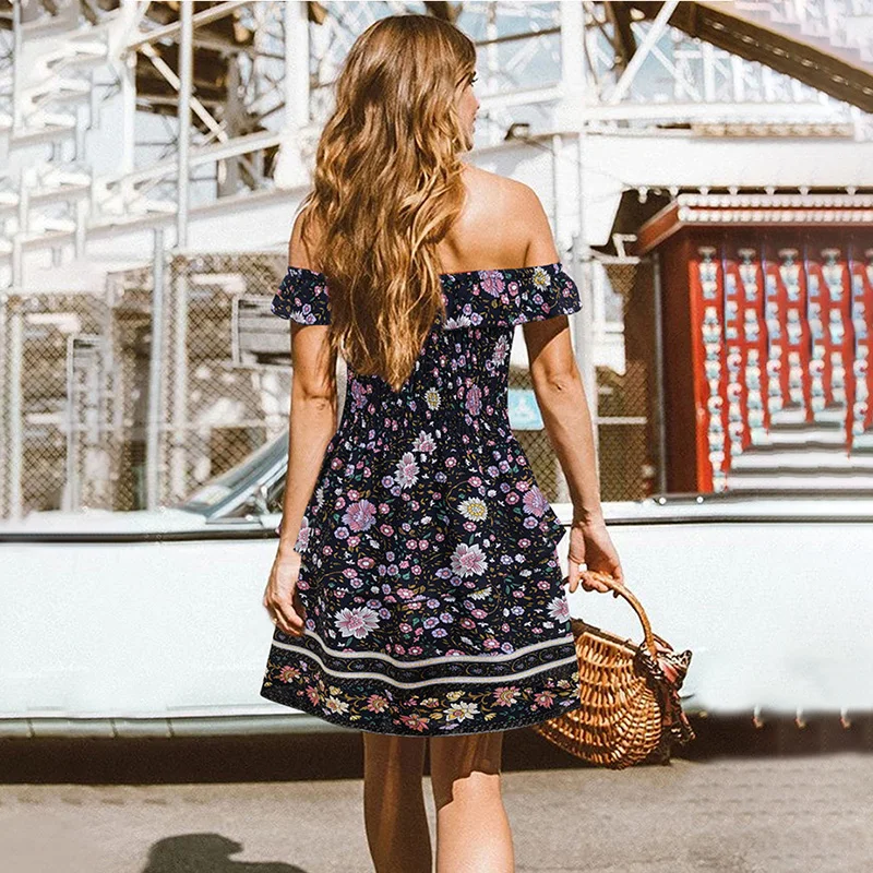 Женское платье с открытыми плечами и цветочным принтом 2020 цельное повседневное