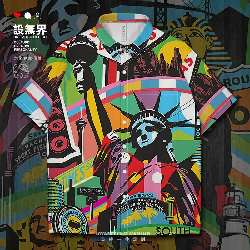 

USA Statue of Liberty City Architecture Pattern Printing Short-Sleeved shirt Short Sleeve Shirts casual Printed Summer Clothes