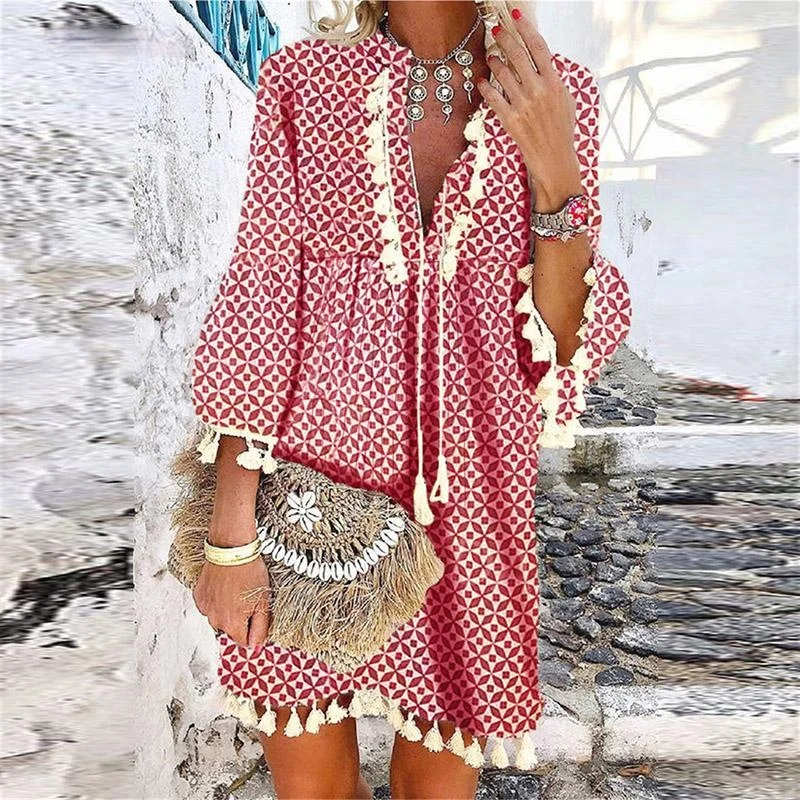 

2021 Spring Retro Floral Print 3/4 Sleeve Evening Dress Women's Casual Loose A-Line Summer Women's V-Neck Fringed Beach Dress
