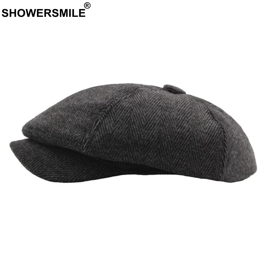 Восьмиугольный берет SHOWERSMILE плоские шапки в елочку мужская полосатая серая Кепка