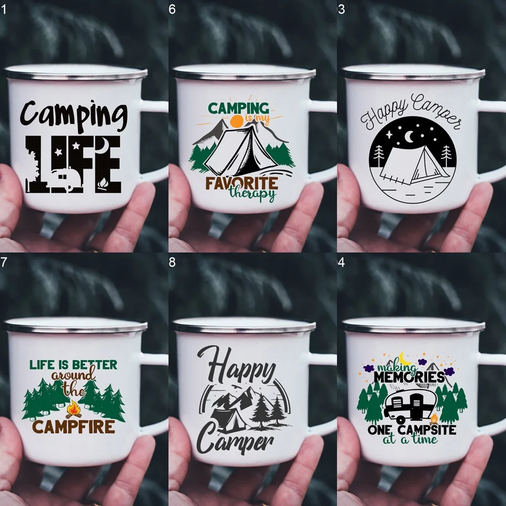 Mountain Print Enamel Cups Camping Mugs Handle Drinkware Vacation Hiking Campfire Mug Outdoor Campervan Coffee cup Camper Gifts