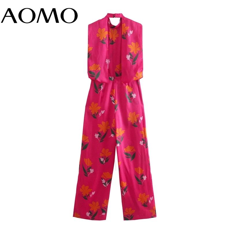 

AOMO Women Floral Print Long Jumpsuit Backless Sleeveless Zipper Female Casual Jumpsuit 5Z269A