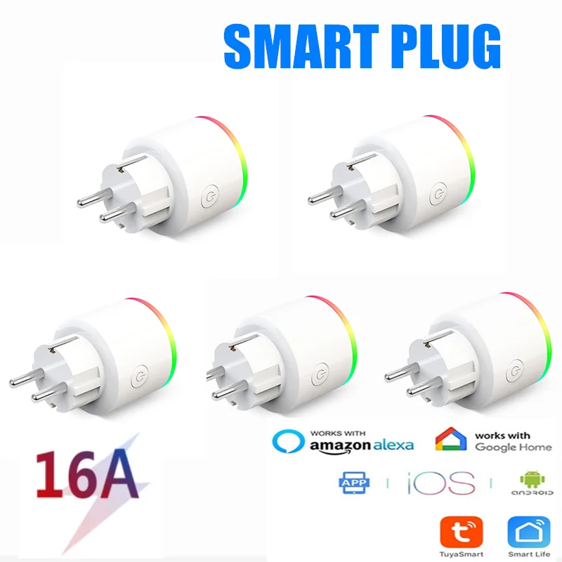 

16A Tuya WiFi EU Smart Plug Adapter Wireless Remote Voice Control Power Monitor Timer Socket Work With Google Home Alexa