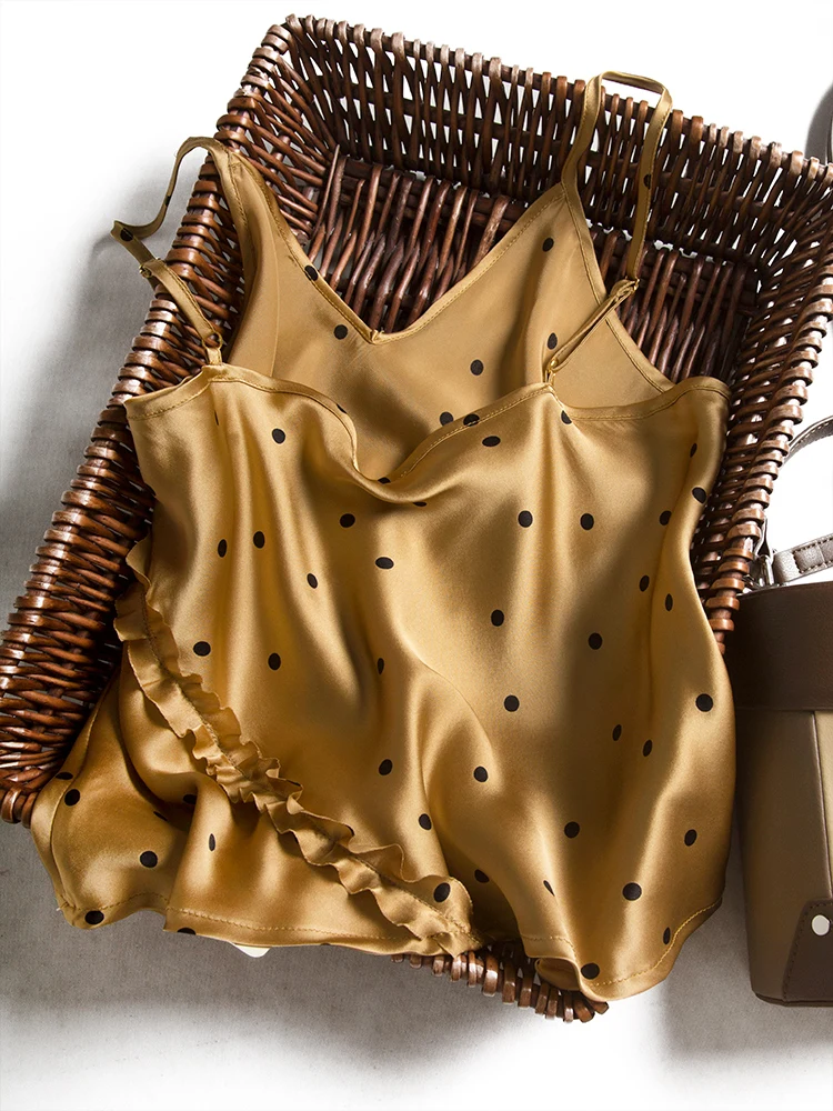 Fashionable New French Ruffle Decorated Silk Satin Suspender Women's Top