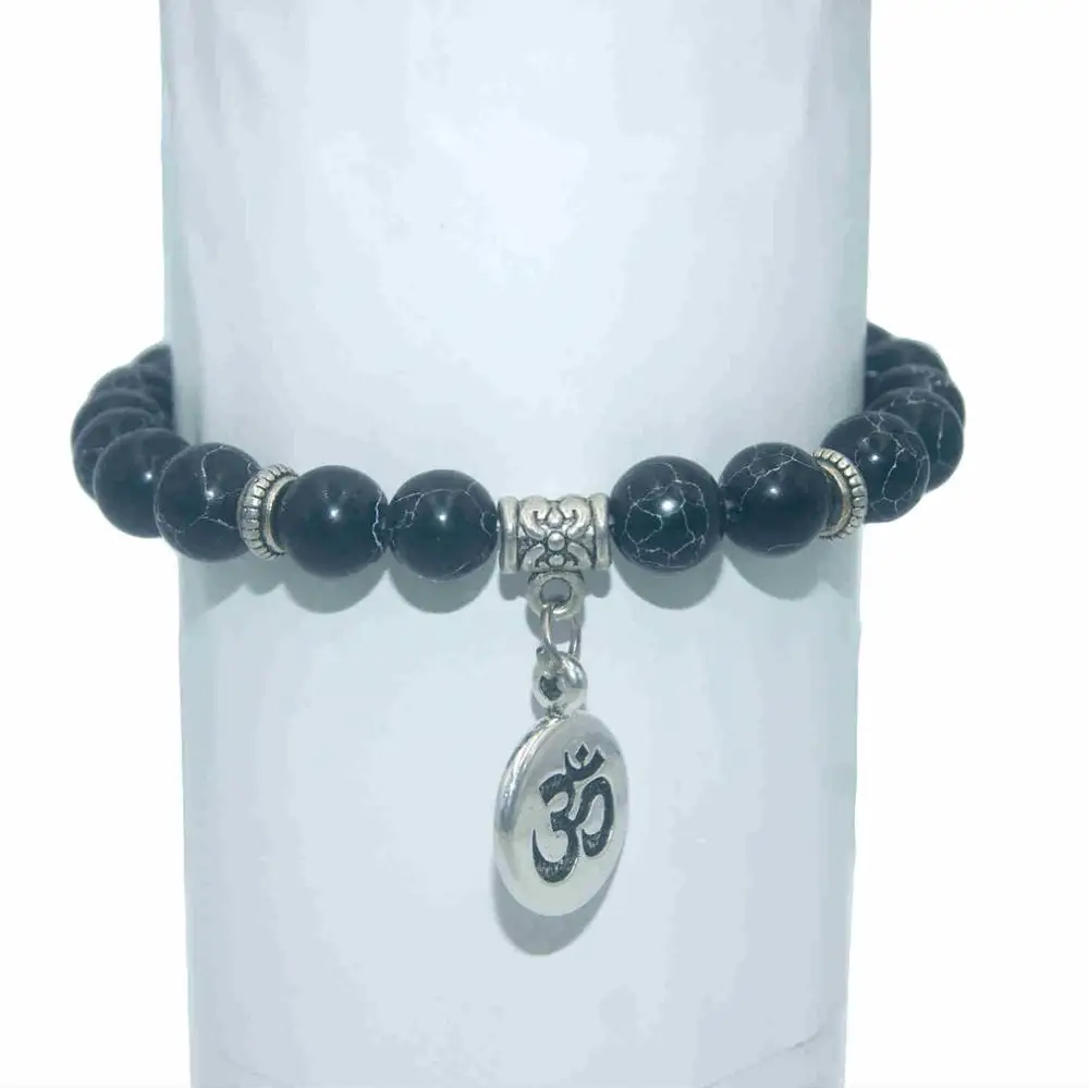 Black Turquoise 8 мм натуральный камень Ом бусины лазурит Агаты бусины с тигровым глазом браслеты для женщин мужчин Йога чакра мала Шарм браслет ювелирные изделия - Окраска металла: Black Turquoise