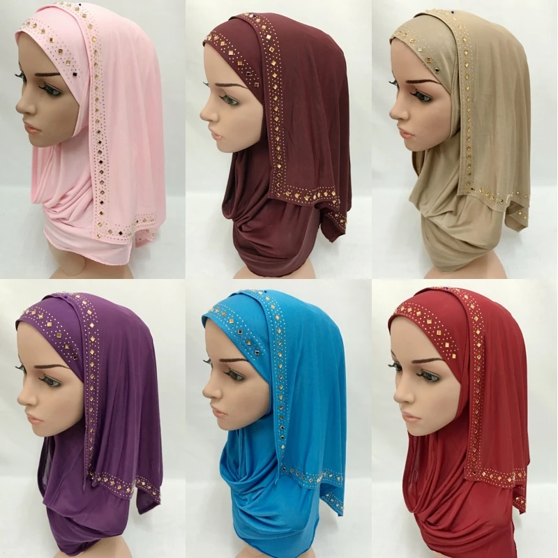 Всесезонная одежда мусульманские дамы чистый цвет платок исламский алмаз мода
