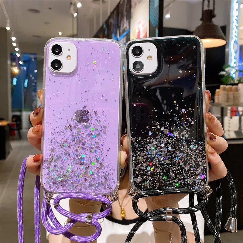 

Neck Strap Glitter Star Lanyard Girly Case For iPhone 13 11 12 Mini Pro XS MAX SE 2020 8 7 6 Plus 6S 5S XR XSMAX X 12Mini Cover