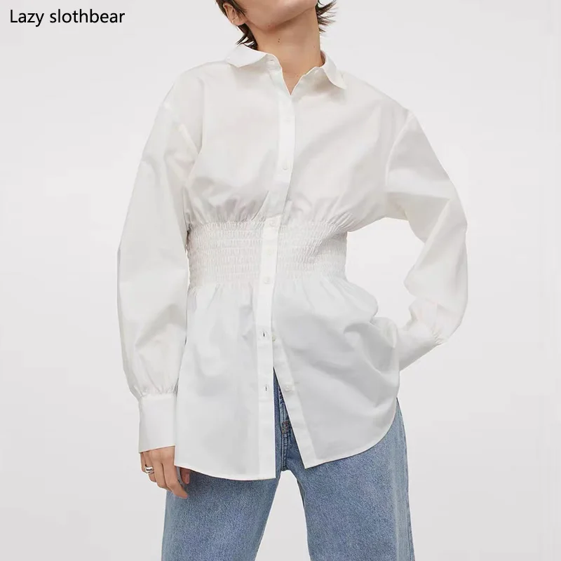 

Spring and Autumn Women's Pure White Shirt Long Sleeve Lapel Top Casual Office Dress Professional Women's Blouse