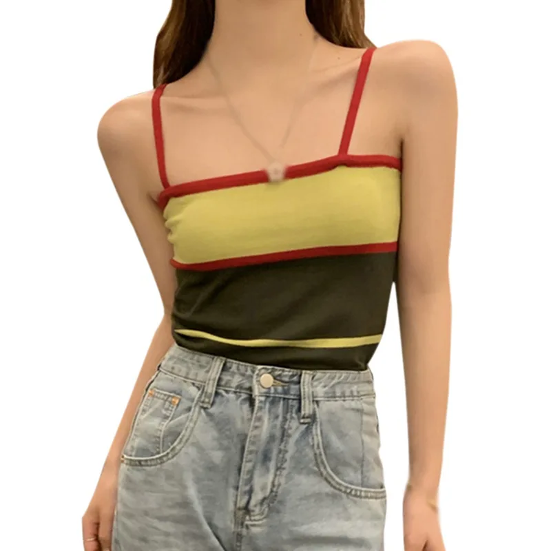 

Summer Striped Contrast Colore Camisole Women Sexy Knitted Sleeveless Slim Tank Tops Basic Crop Top Streetwear Vest