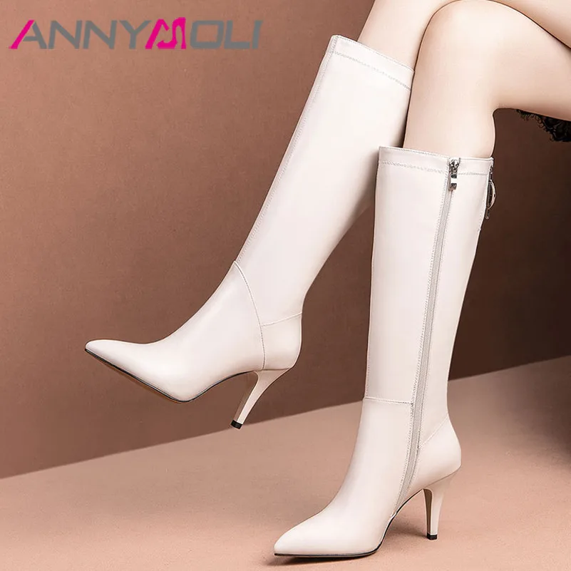 

ANNYMOLI Winter Knee High Boots Women Natural Genuine Leather Thin Heels Tall Boots Zipper Super High Heel Shoes Female Size 39