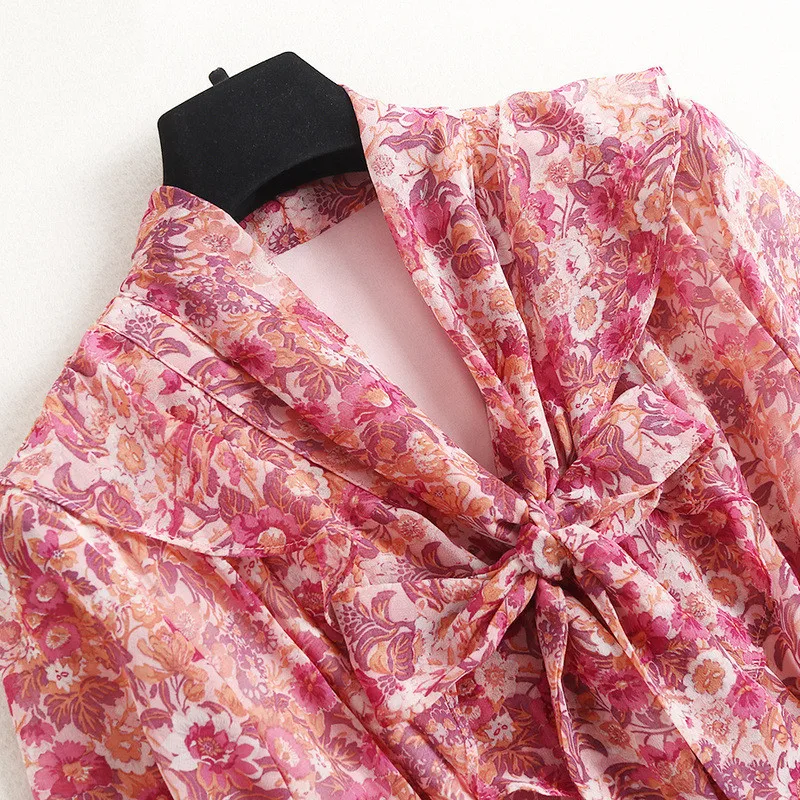 

Elegant Spring Floral Print Midi Chiffon Dress Women Designers Bow Collar Long Sleeve Pleated Vintage Robe Femme Party Vestidos