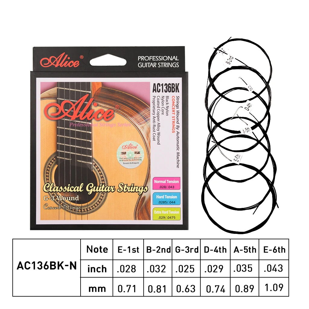 

NEW 1 SET Alice Classical Guitar Strings AC136BK With Black Nylon 6 Strings Guitar Accessories