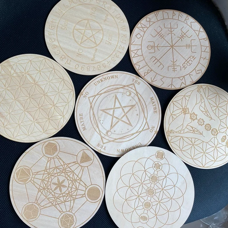 

15cm Wood Round Altar Tile/Pad with Runes Pentagram Chakras witchcraft supplies Divination mat wicca props Ornaments Board Game