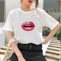 summer new funny red lips t shirt printed chic harajuku neck casual retro top womens fashion t shirt