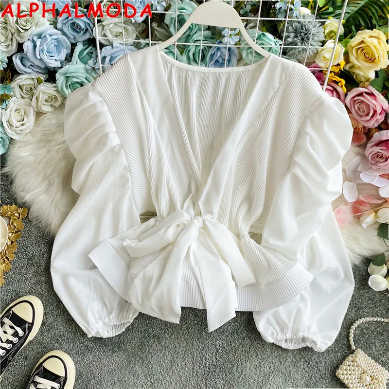 ALPHALMODA 2020 Осенняя Женская милая шифоновая рубашка с длинным рукавом v-образным